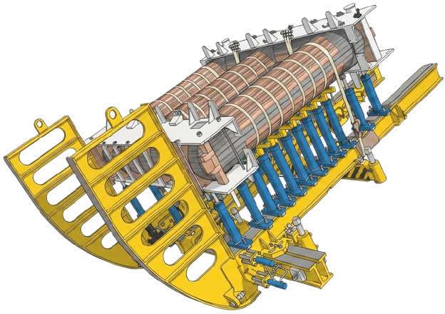 Transformer core being tilted on core stacking table
