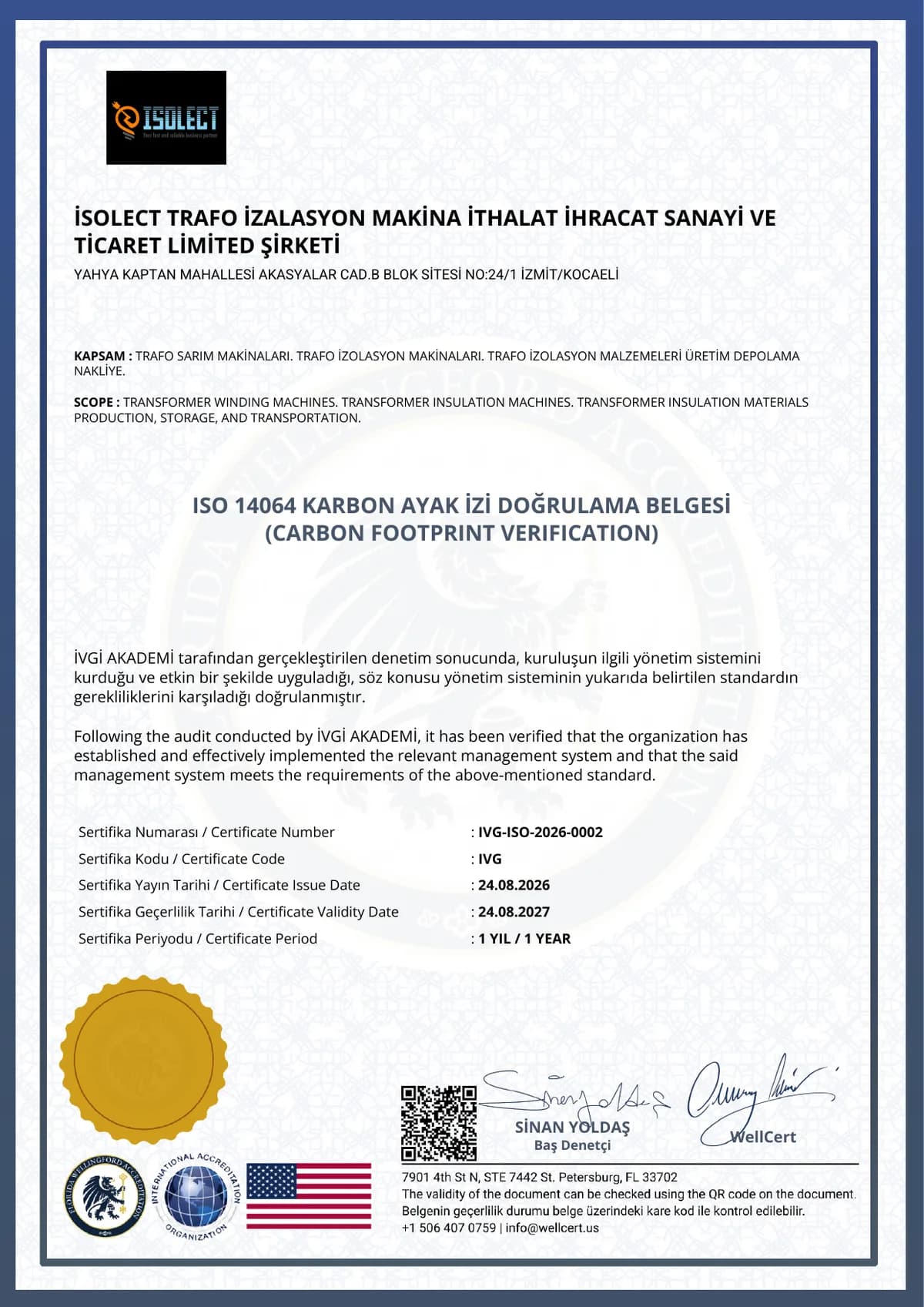 ISOLECT ISO 14064 Carbon Footprint Verification Certificate